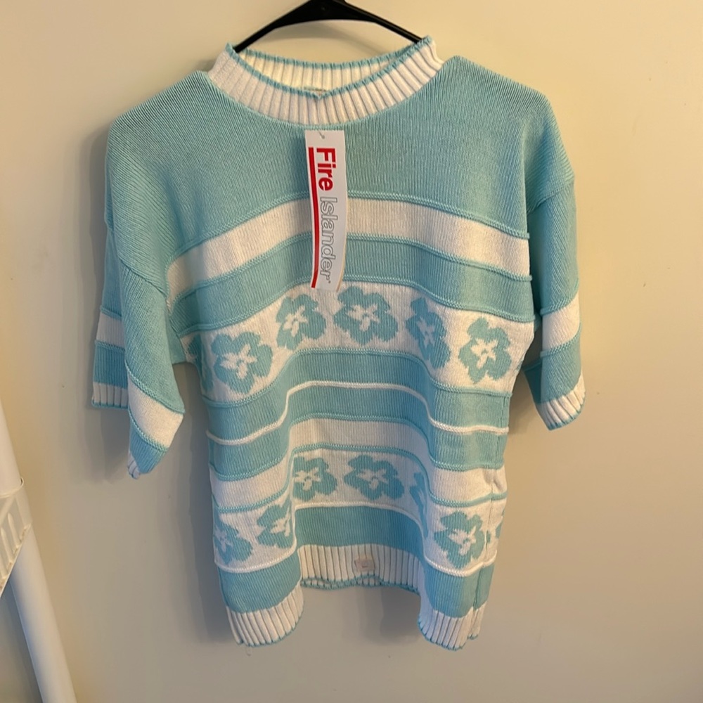 Made in USA Vtg Kmart NWT Fire Islander Short Sleeve Striped Floral Sweater Sz L
